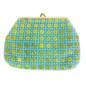 VTG Womens Clutch Purse Beaded Made Hong Kong Kiss Lock Closure Blue Green Small